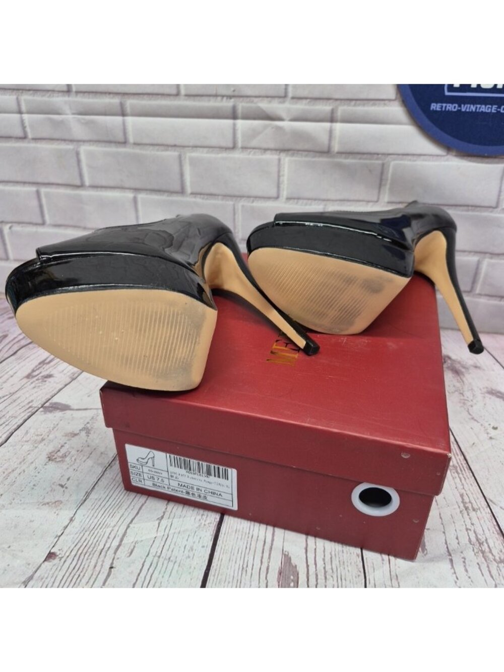 Merumote Black Patent Platform Stiletto Heels Peep Toe W/ Box Size 7.5 - Picture 6 of 7